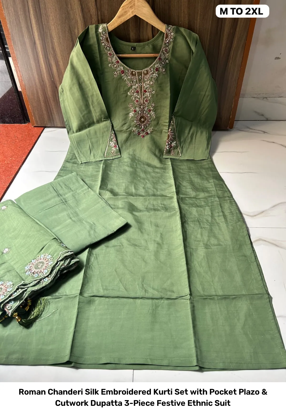 Roman Chanderi Silk Embroidered Kurti Set with Pocket Plazo & Cutwork Dupatta – 3-Piece Festive Ethnic Suit 10
