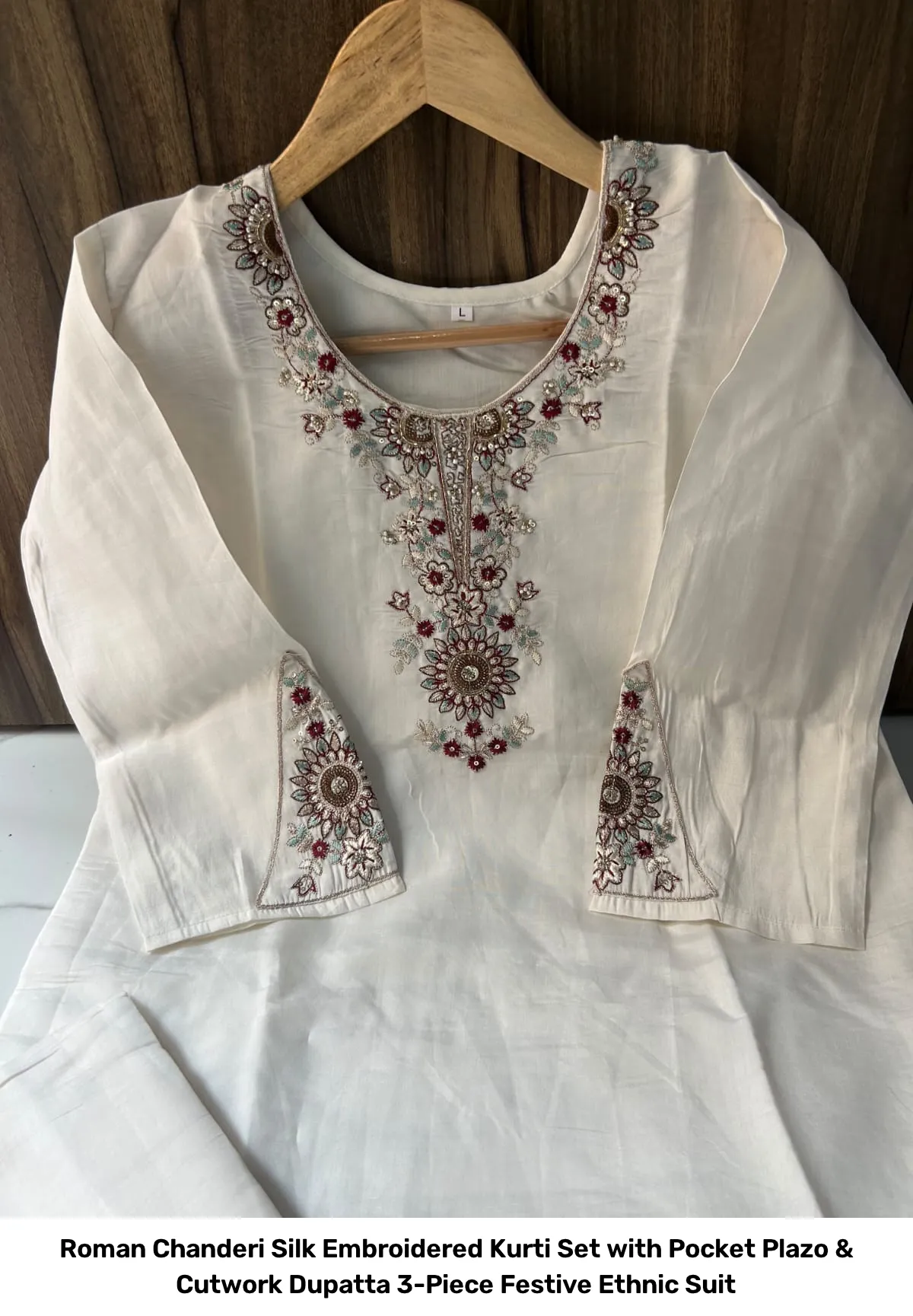 Roman Chanderi Silk Embroidered Kurti Set with Pocket Plazo & Cutwork Dupatta – 3-Piece Festive Ethnic Suit 11