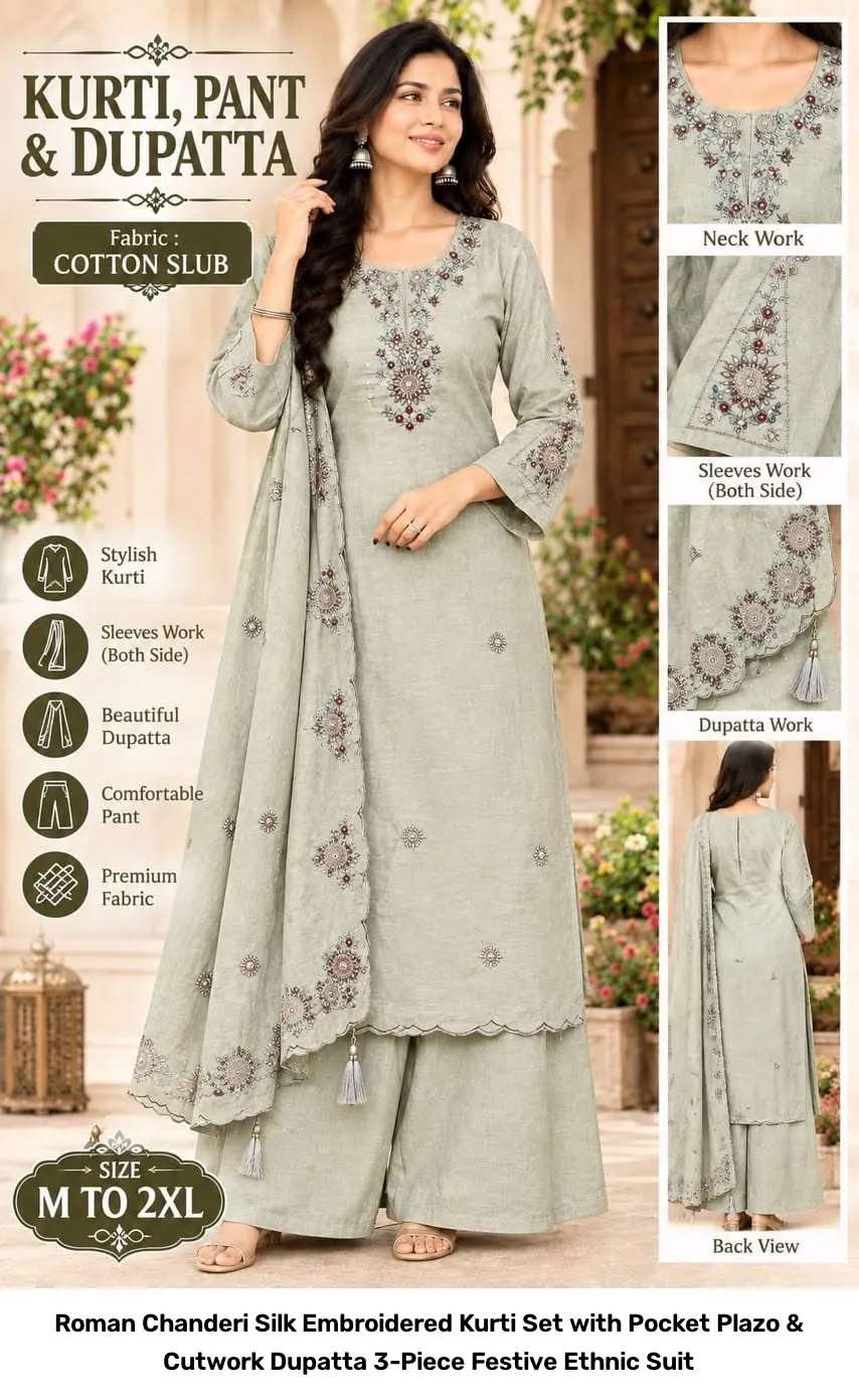 Roman Chanderi Silk Embroidered Kurti Set with Pocket Plazo & Cutwork Dupatta – 3-Piece Festive Ethnic Suit 2