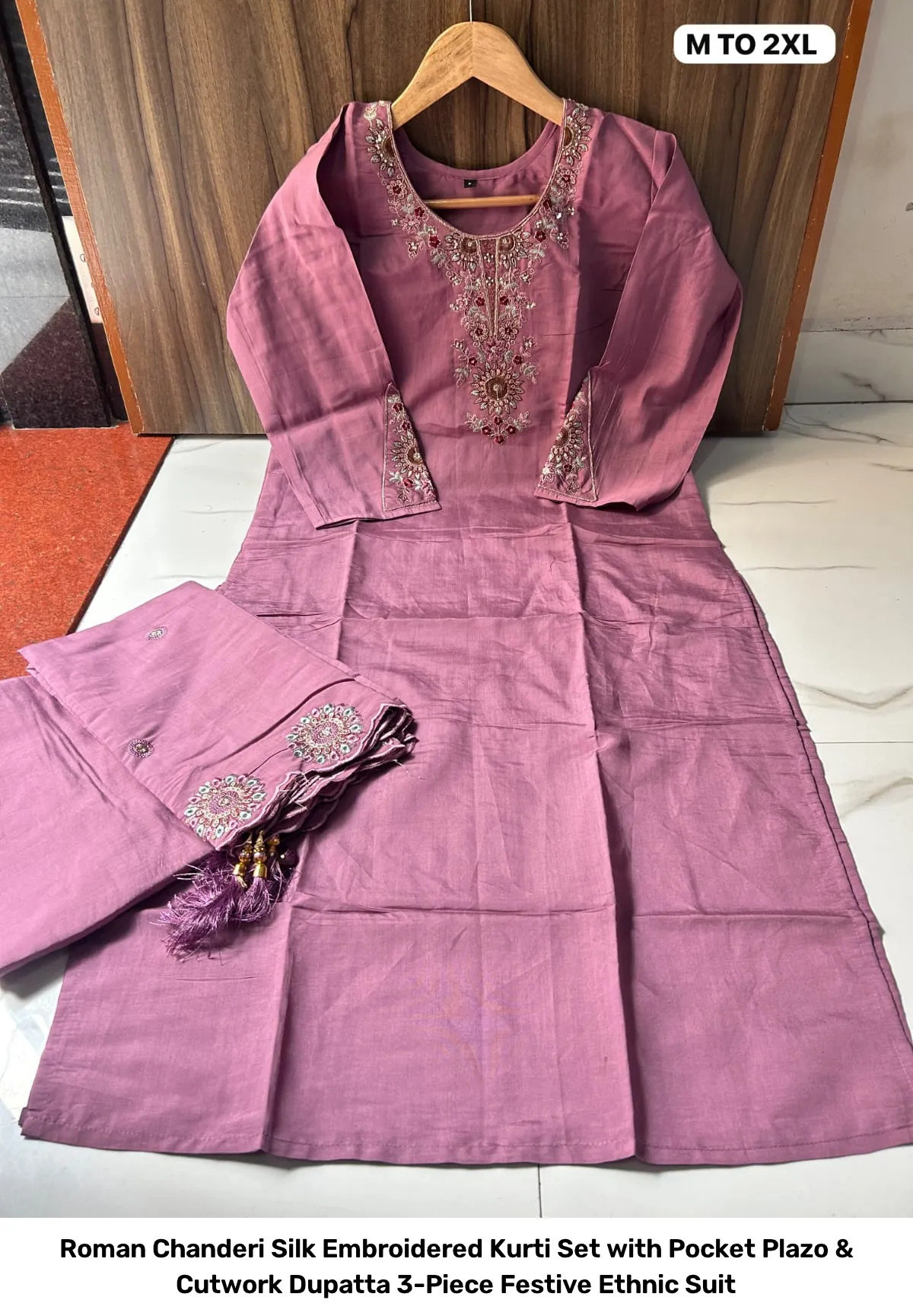 Roman Chanderi Silk Embroidered Kurti Set with Pocket Plazo & Cutwork Dupatta – 3-Piece Festive Ethnic Suit 3