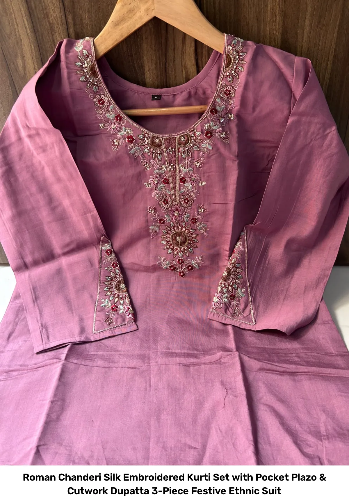 Roman Chanderi Silk Embroidered Kurti Set with Pocket Plazo & Cutwork Dupatta – 3-Piece Festive Ethnic Suit 4