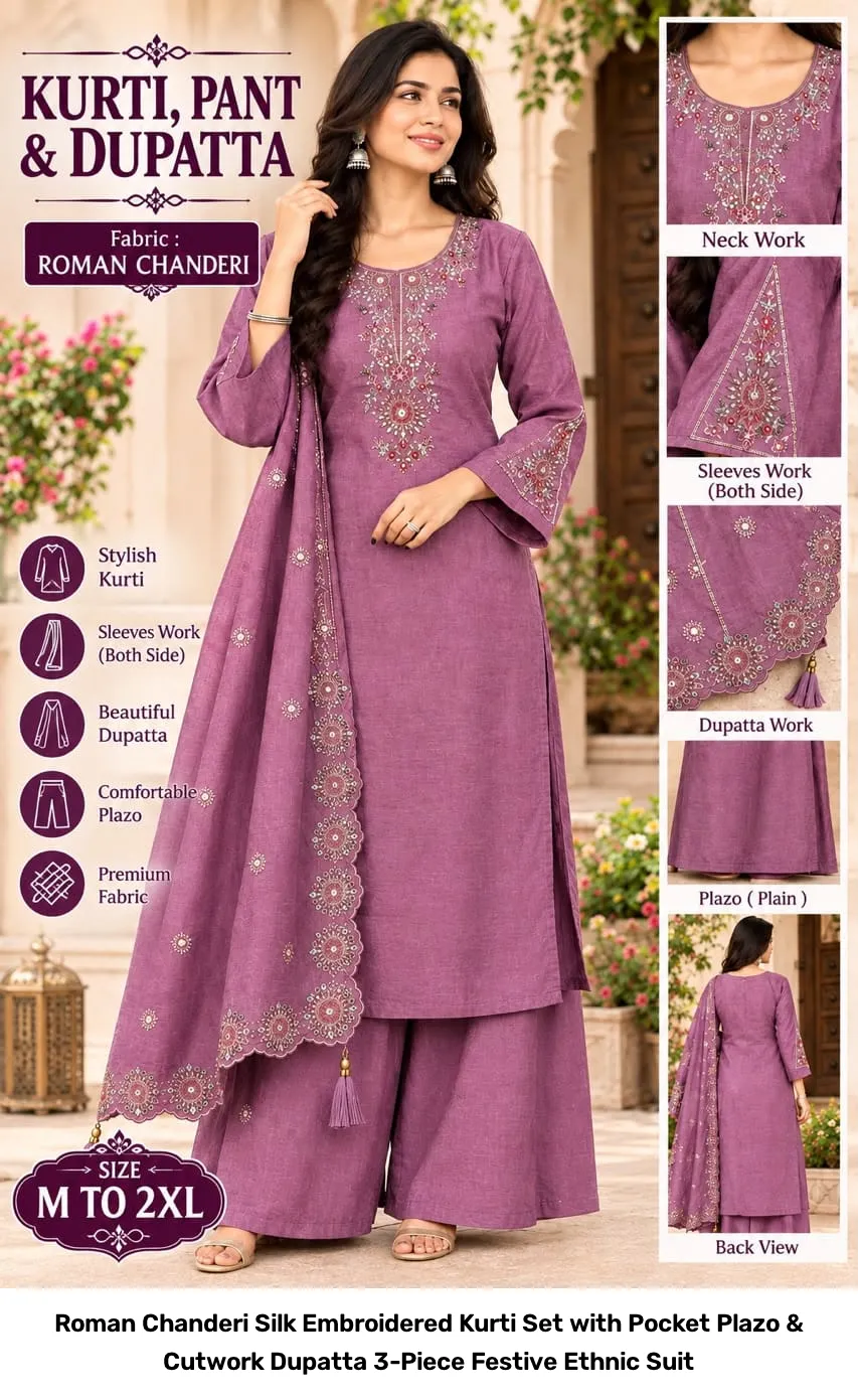 Roman Chanderi Silk Embroidered Kurti Set with Pocket Plazo & Cutwork Dupatta – 3-Piece Festive Ethnic Suit 5