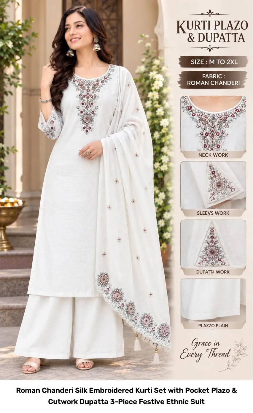 Roman Chanderi Silk Embroidered Kurti Set with Pocket Plazo & Cutwork Dupatta – 3-Piece Festive Ethnic Suit 6