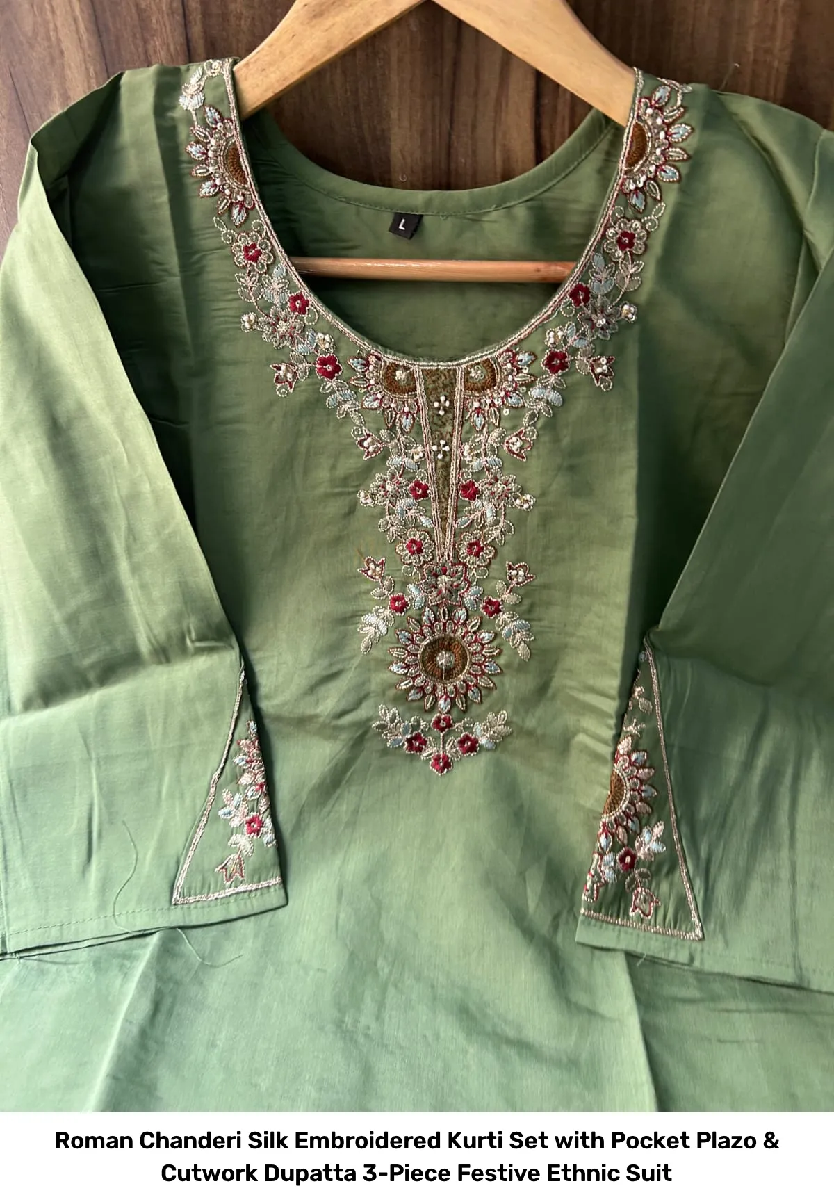 Roman Chanderi Silk Embroidered Kurti Set with Pocket Plazo & Cutwork Dupatta – 3-Piece Festive Ethnic Suit 8