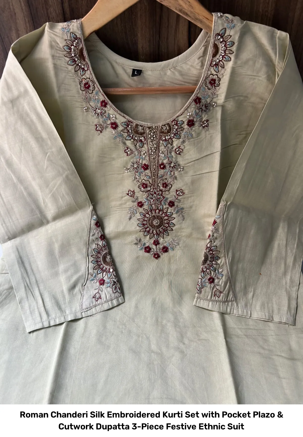 Roman Chanderi Silk Embroidered Kurti Set with Pocket Plazo & Cutwork Dupatta – 3-Piece Festive Ethnic Suit 9