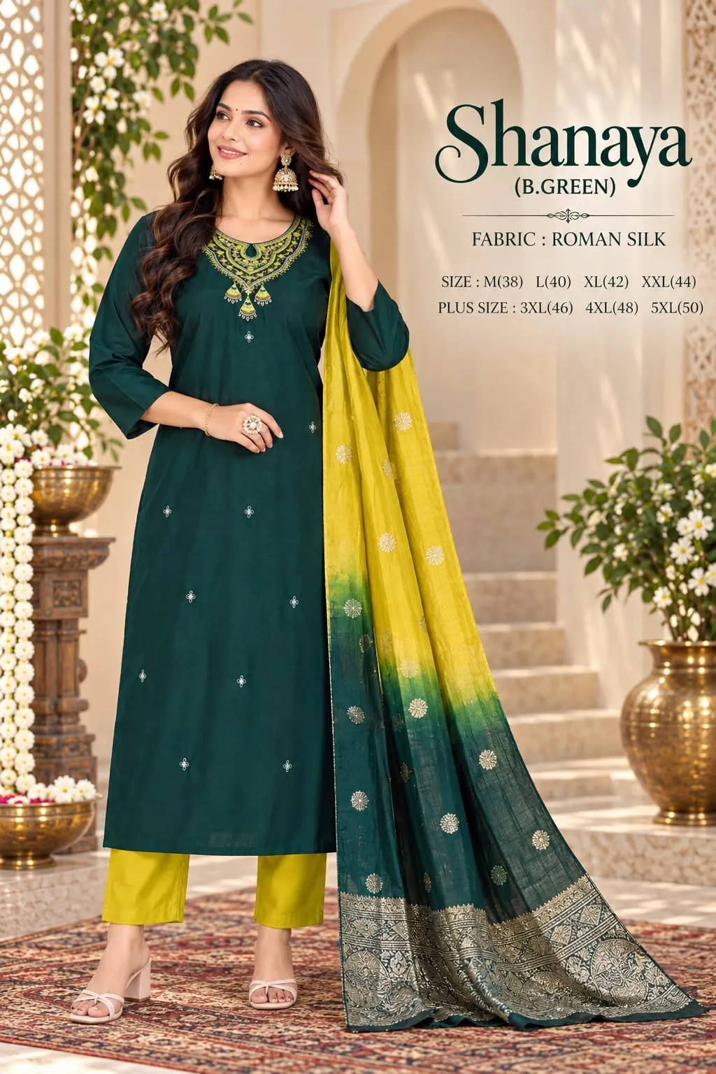 Roman Silk Embroidered Kurta Pant Set with Chanderi Tie-Dye Dupatta