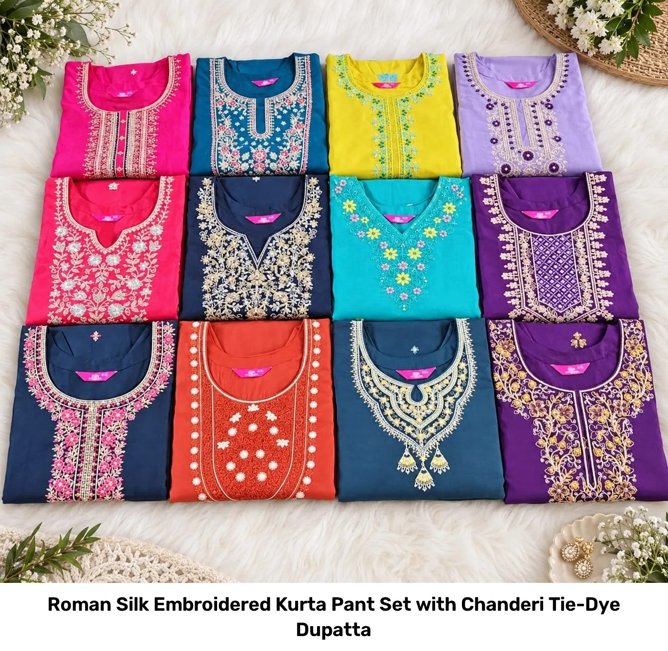 Roman Silk Embroidered Kurta Pant Set with Chanderi Tie-Dye Dupatta 10