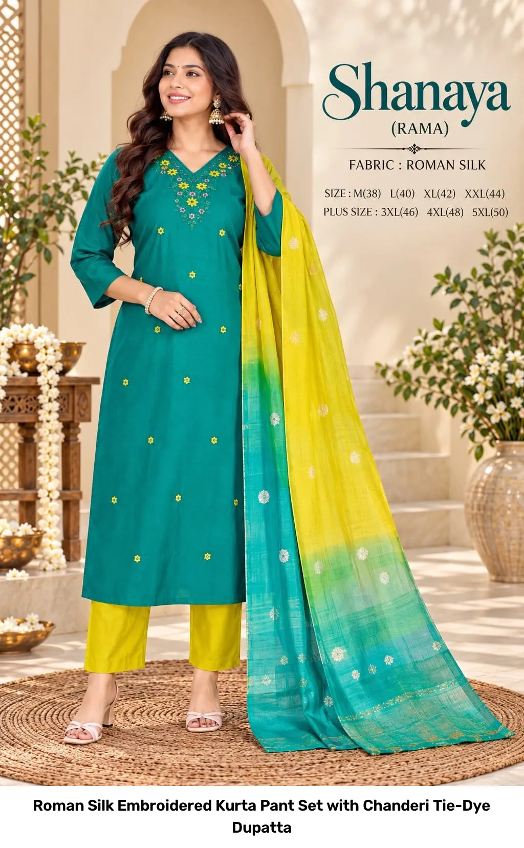 Roman Silk Embroidered Kurta Pant Set with Chanderi Tie-Dye Dupatta 12