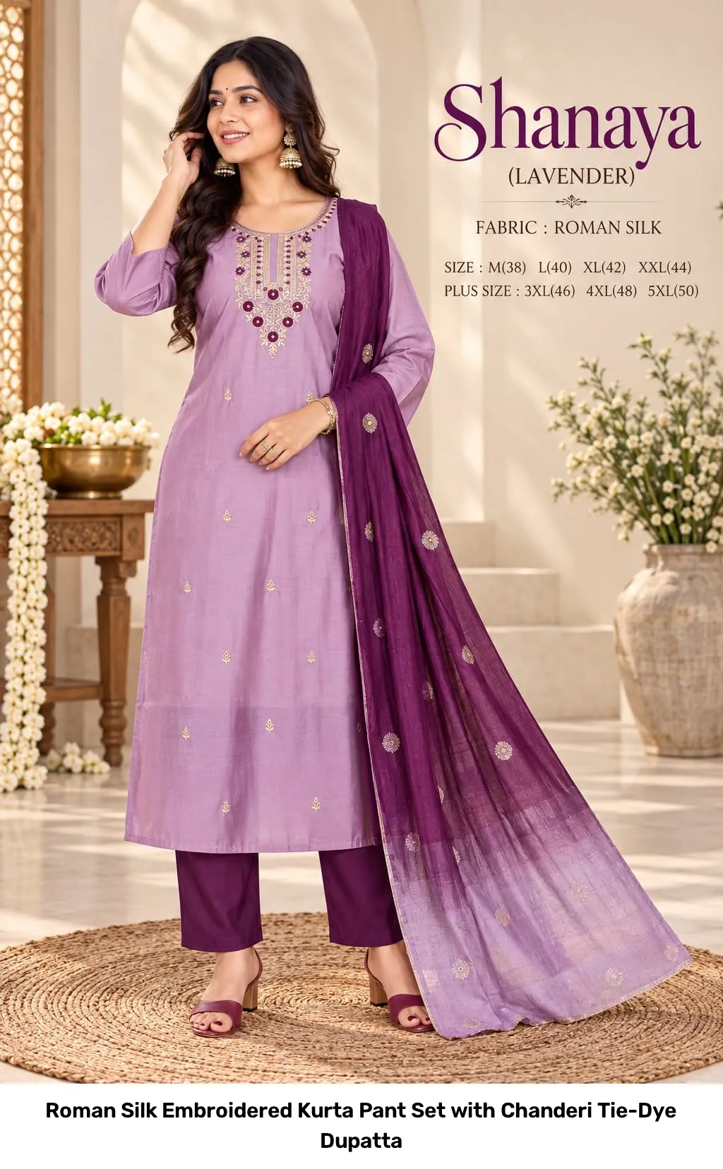 Roman Silk Embroidered Kurta Pant Set with Chanderi Tie-Dye Dupatta 13