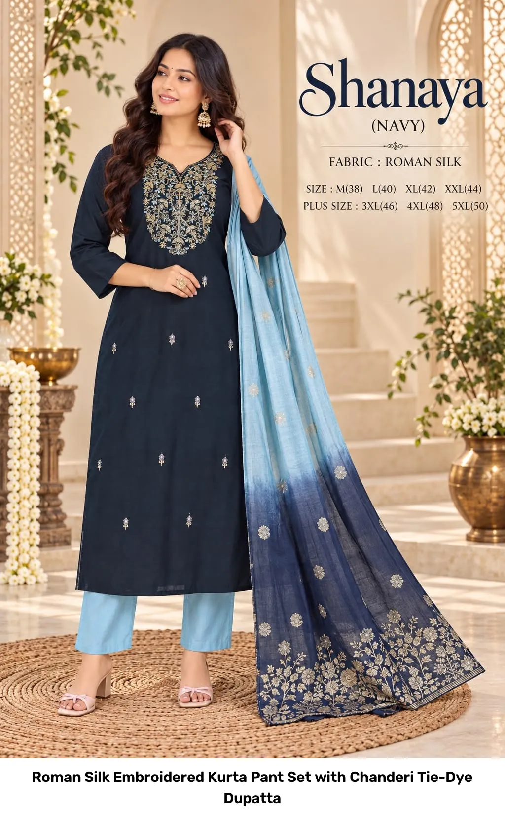 Roman Silk Embroidered Kurta Pant Set with Chanderi Tie-Dye Dupatta 2
