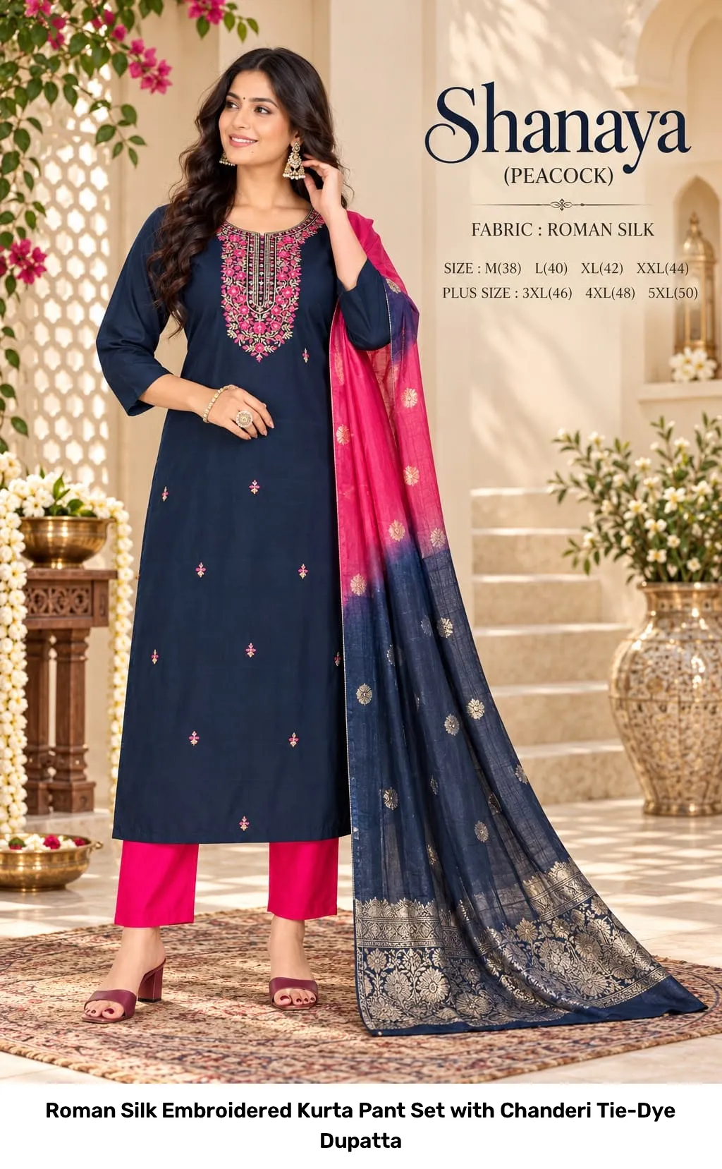 Roman Silk Embroidered Kurta Pant Set with Chanderi Tie-Dye Dupatta 3