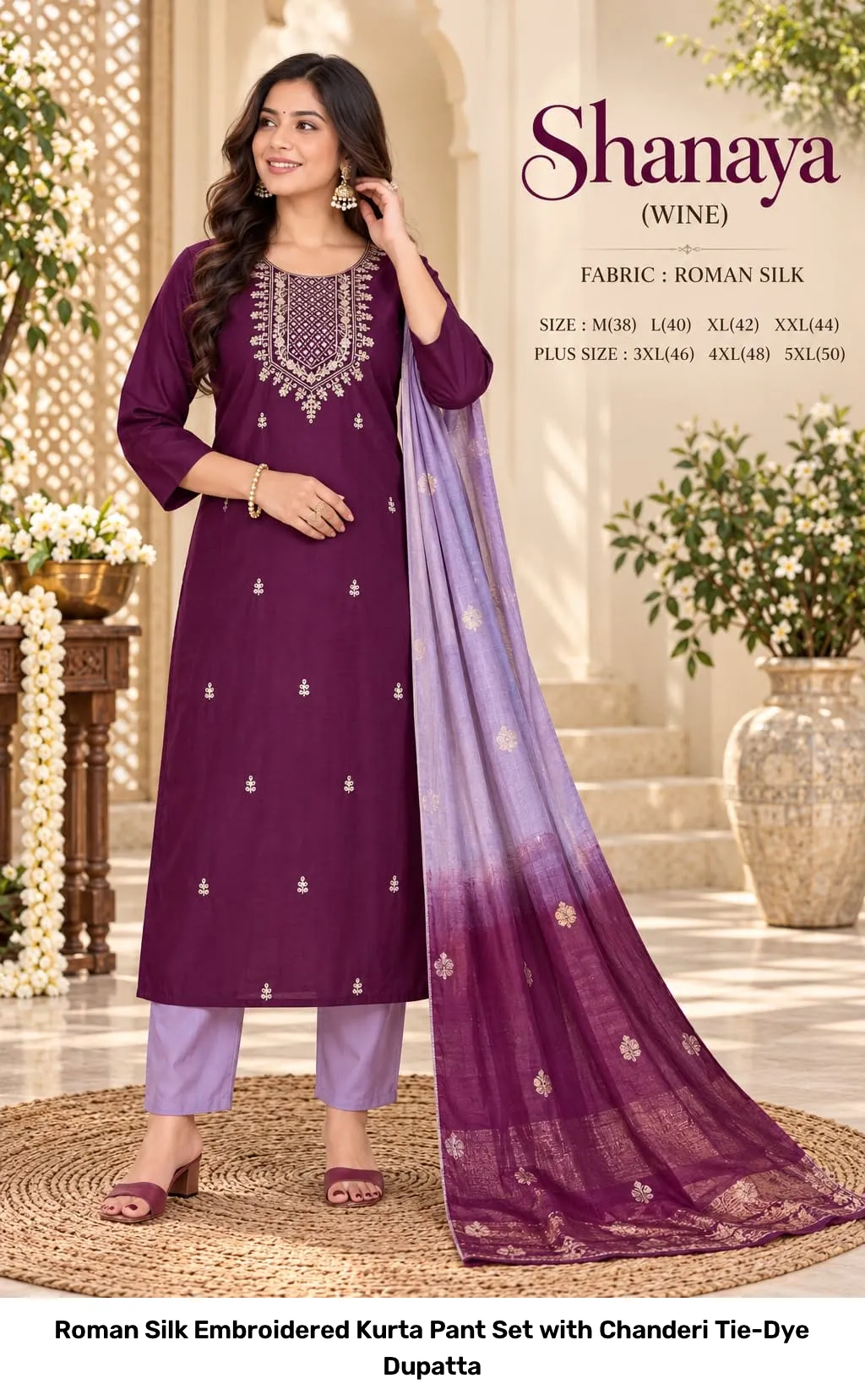 Roman Silk Embroidered Kurta Pant Set with Chanderi Tie-Dye Dupatta 4