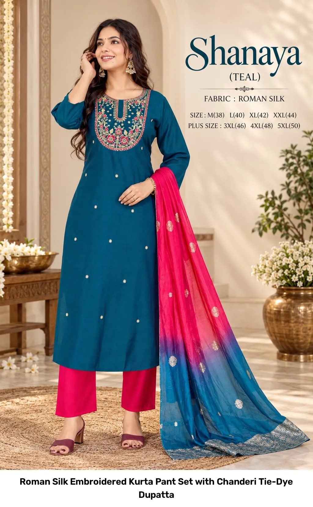 Roman Silk Embroidered Kurta Pant Set with Chanderi Tie-Dye Dupatta 6