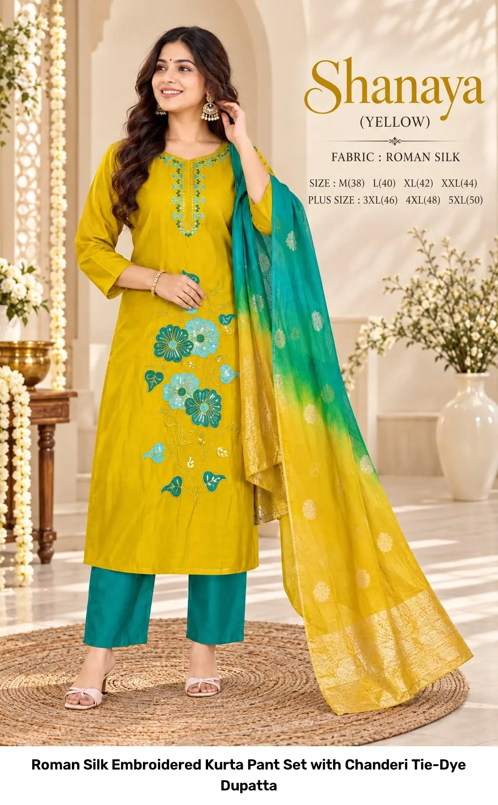 Roman Silk Embroidered Kurta Pant Set with Chanderi Tie-Dye Dupatta 7