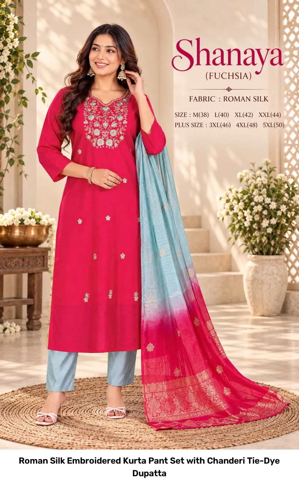 Roman Silk Embroidered Kurta Pant Set with Chanderi Tie-Dye Dupatta 8
