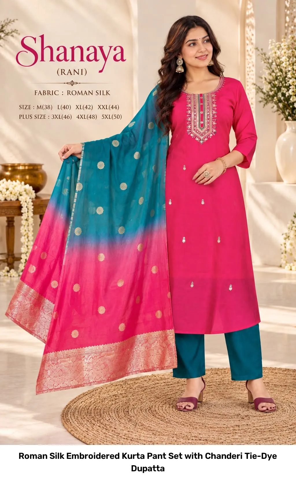 Roman Silk Embroidered Kurta Pant Set with Chanderi Tie-Dye Dupatta 9
