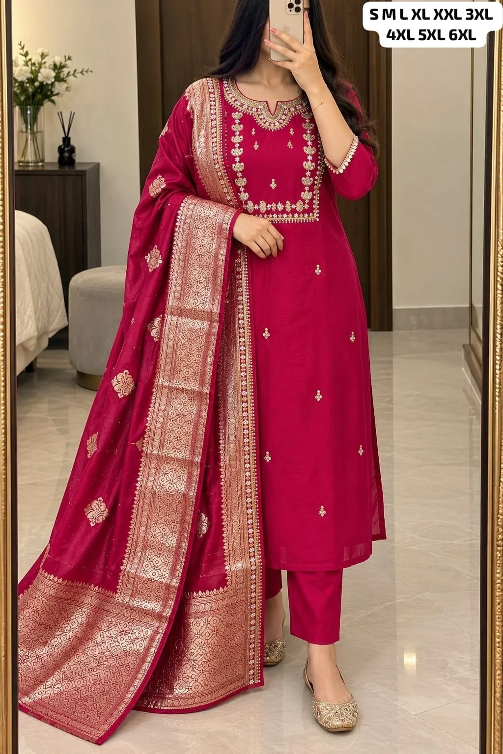 Roman Silk Heavy Embroidered Kurti Pant Set with Jacquard Dupatta | Festive Party Wear Suit for Women (Sizes S to 6XL)