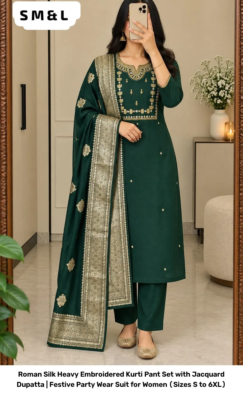Roman Silk Heavy Embroidered Kurti Pant Set with Jacquard Dupatta | Festive Party Wear Suit for Women (Sizes S to 6XL) 11