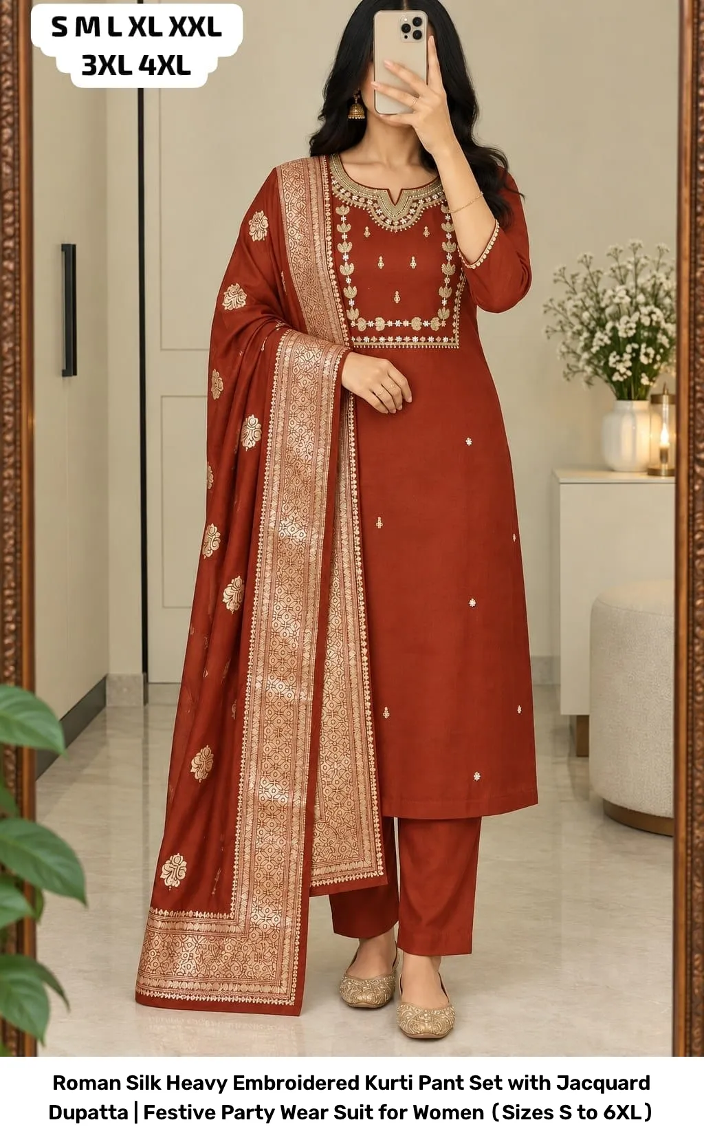 Roman Silk Heavy Embroidered Kurti Pant Set with Jacquard Dupatta | Festive Party Wear Suit for Women (Sizes S to 6XL) 3