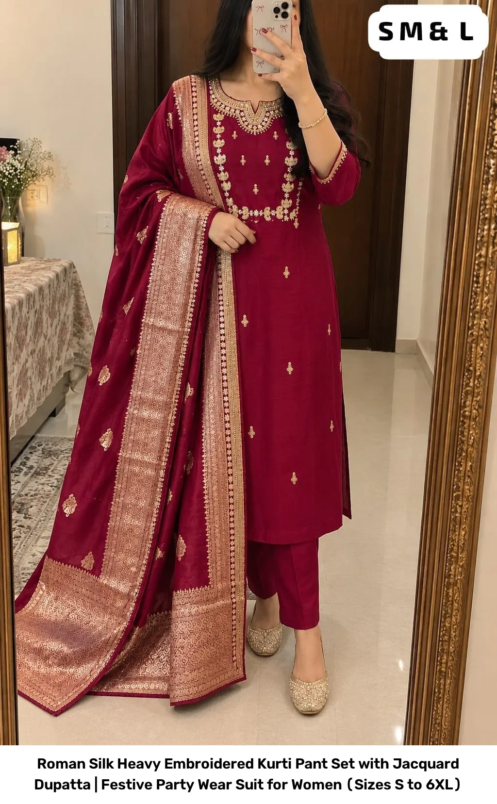 Roman Silk Heavy Embroidered Kurti Pant Set with Jacquard Dupatta | Festive Party Wear Suit for Women (Sizes S to 6XL) 4