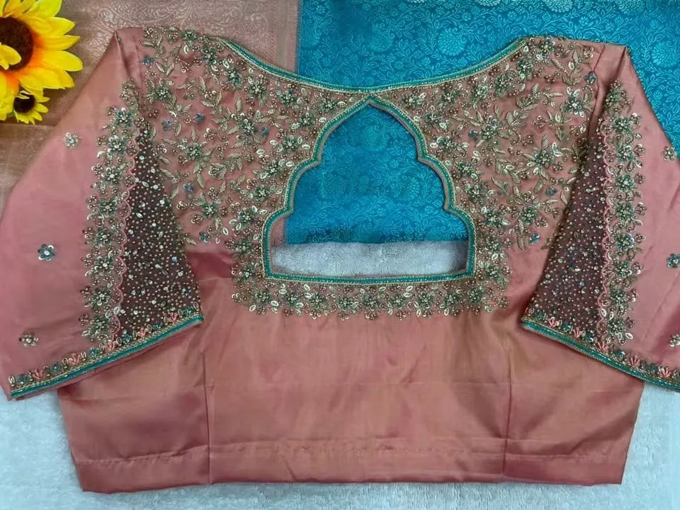 Rose Gold Handcrafted Stone Work Silk Blouse for Weddings