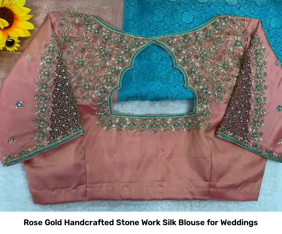 Rose Gold Handcrafted Stone Work Silk Blouse for Weddings 2