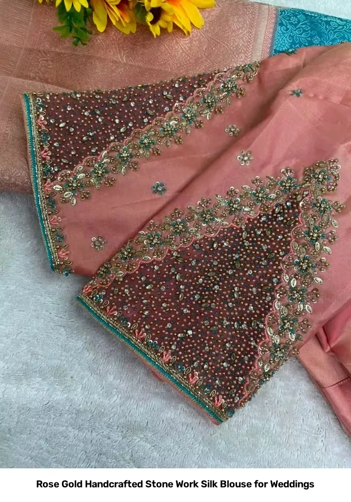 Rose Gold Handcrafted Stone Work Silk Blouse for Weddings 3