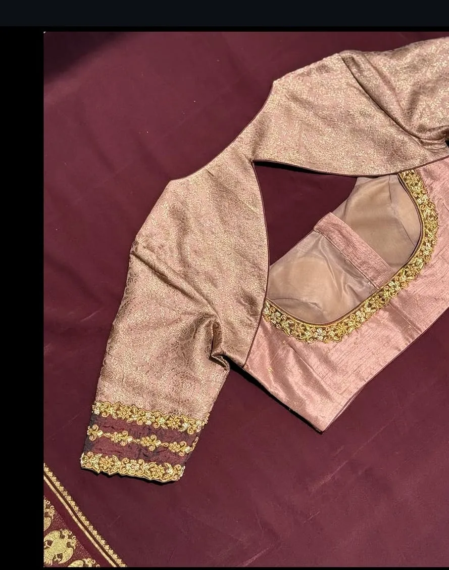 Rose Gold Tissue Silk Blouse | Hand Embroidered Maggam Work Diamond Cut-Out Back Saree Blouse