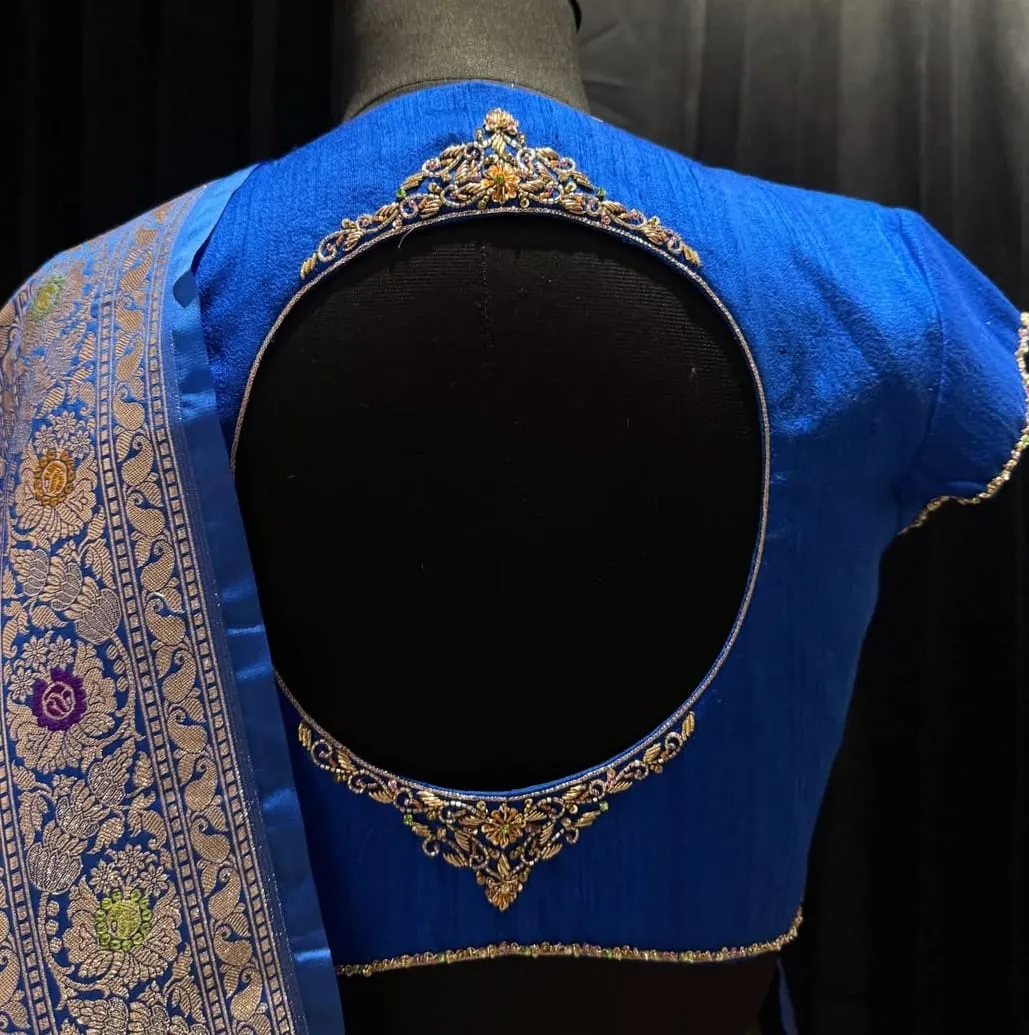 Royal Blue Circular Cut-Out Back Silk Blouse | Antique Zardozi Work