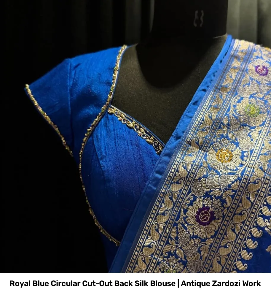 Royal Blue Circular Cut-Out Back Silk Blouse | Antique Zardozi Work 2