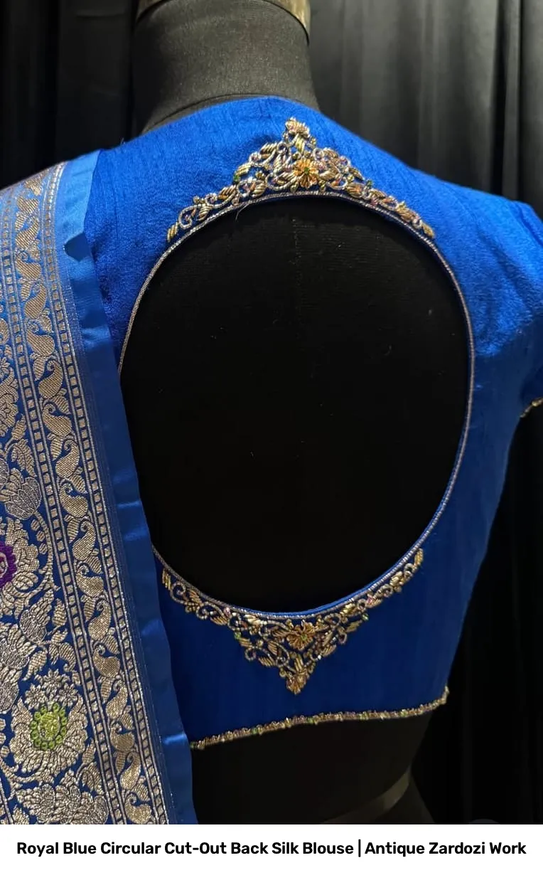 Royal Blue Circular Cut-Out Back Silk Blouse | Antique Zardozi Work 4