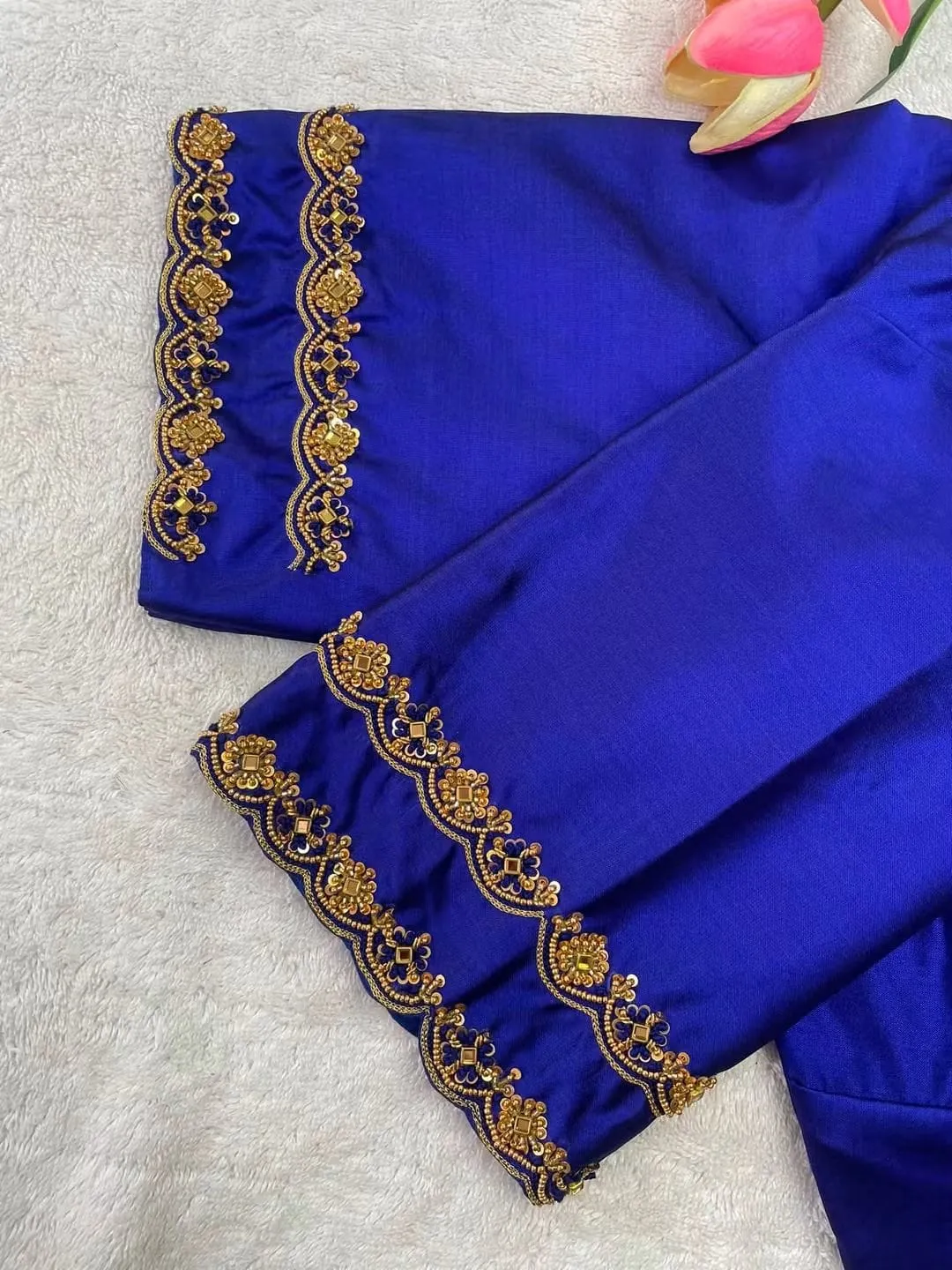 Royal Blue Designer Maggam Work Blouse | Scalloped Border & Hand-Embroidered Saree Blouse