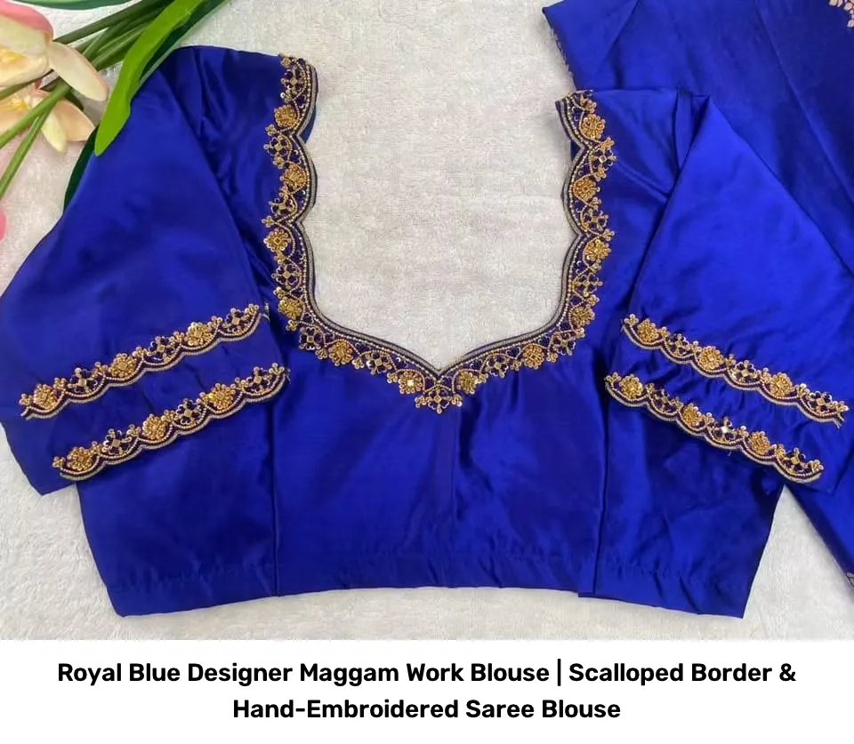 Royal Blue Designer Maggam Work Blouse | Scalloped Border & Hand-Embroidered Saree Blouse 2