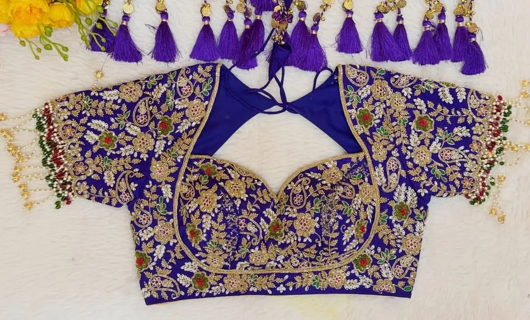 Royal Blue Heavy Hand-Embroidered Designer Blouse with Tassels | Buy Readymade Saree Blouses Online