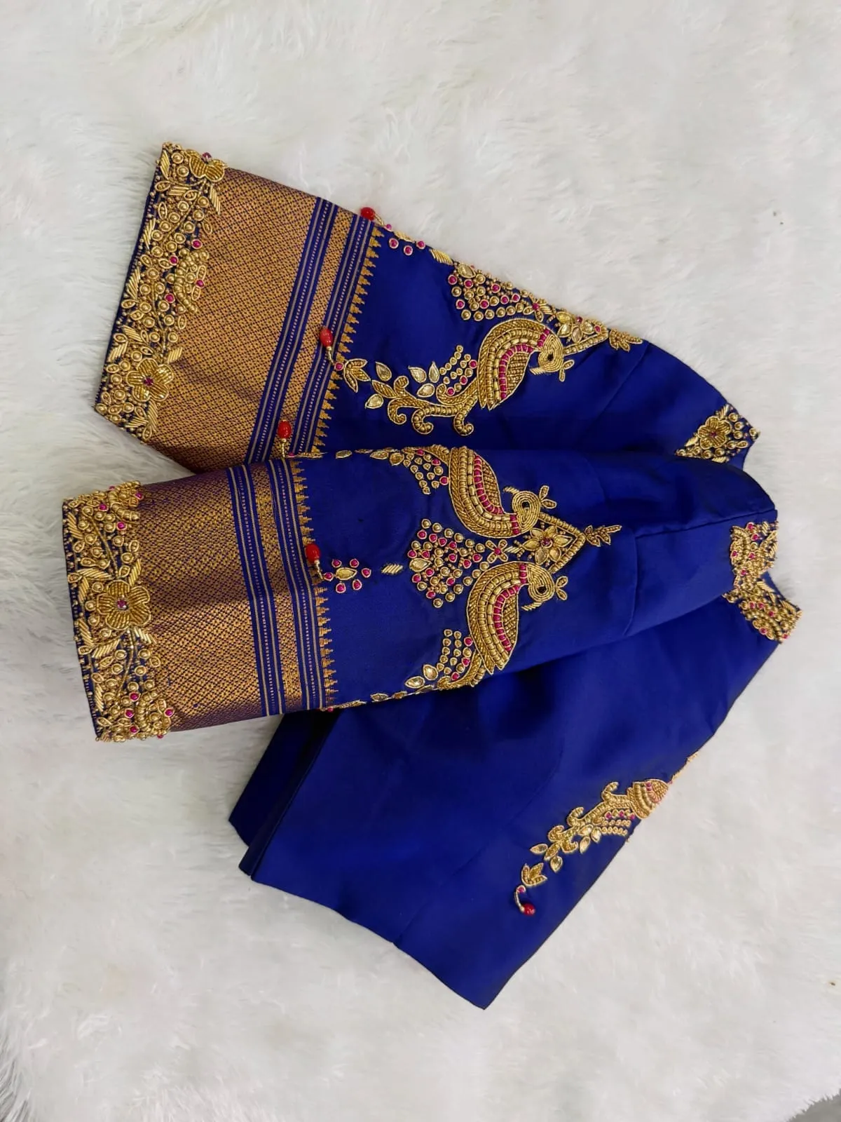 Royal Blue Maggam Work Blouse with Twin Peacock Zardosi Motifs & Gold Zari Border