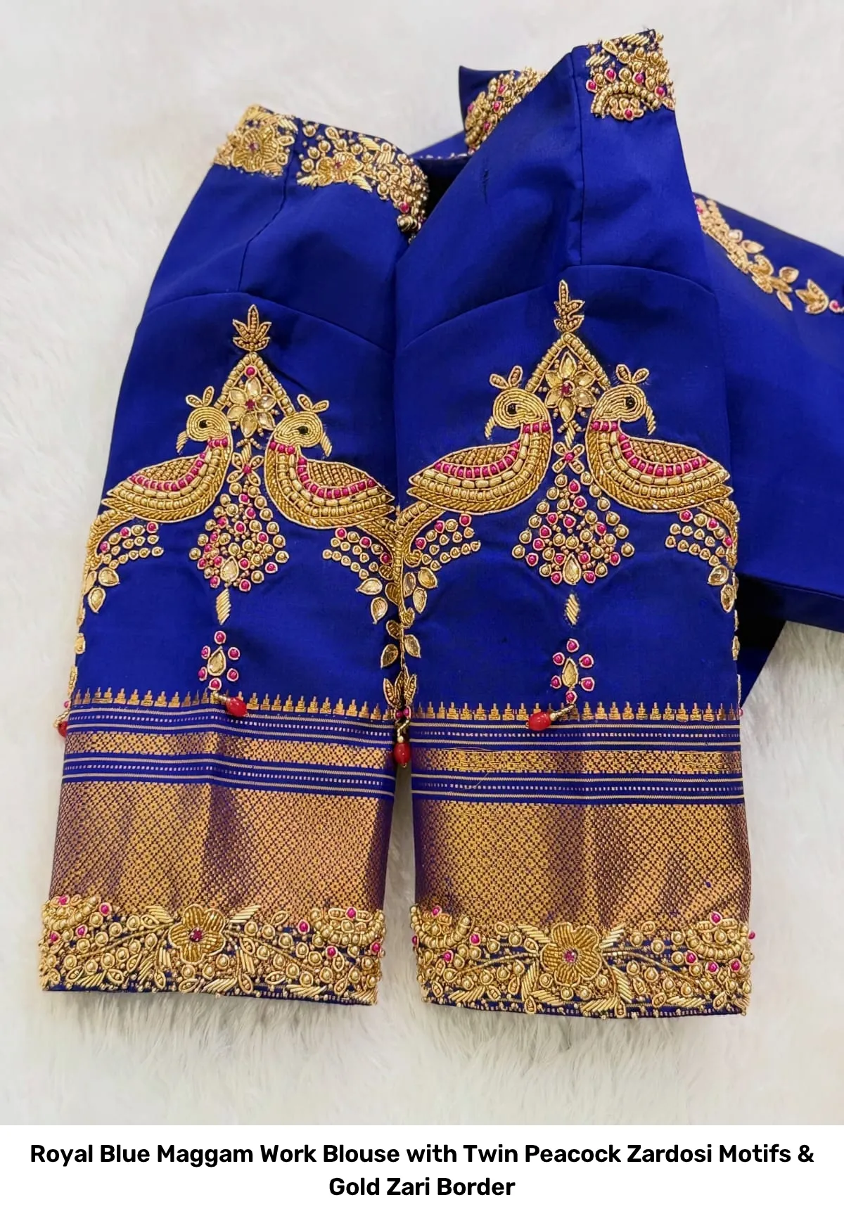 Royal Blue Maggam Work Blouse with Twin Peacock Zardosi Motifs & Gold Zari Border 2