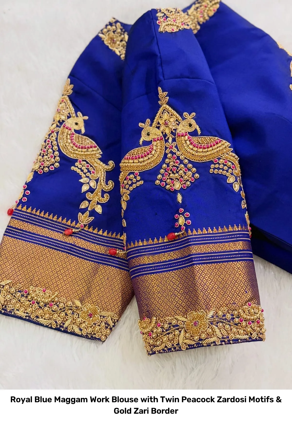 Royal Blue Maggam Work Blouse with Twin Peacock Zardosi Motifs & Gold Zari Border 3