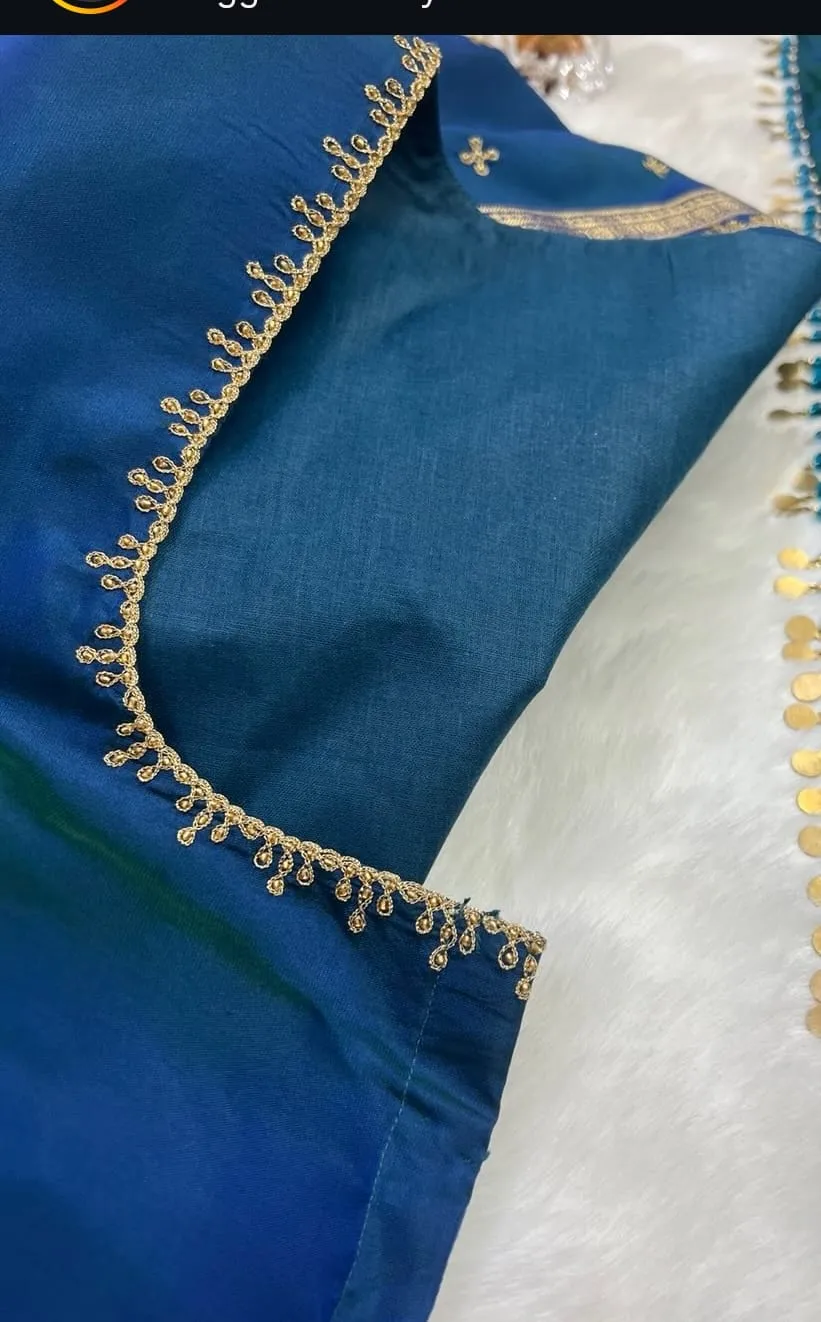 Royal Blue Muggu Embroidery Aari Work Blouse with Coin Tassels