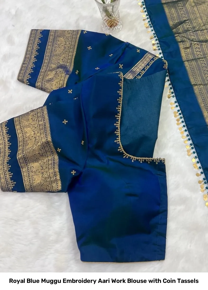 Royal Blue Muggu Embroidery Aari Work Blouse with Coin Tassels 2