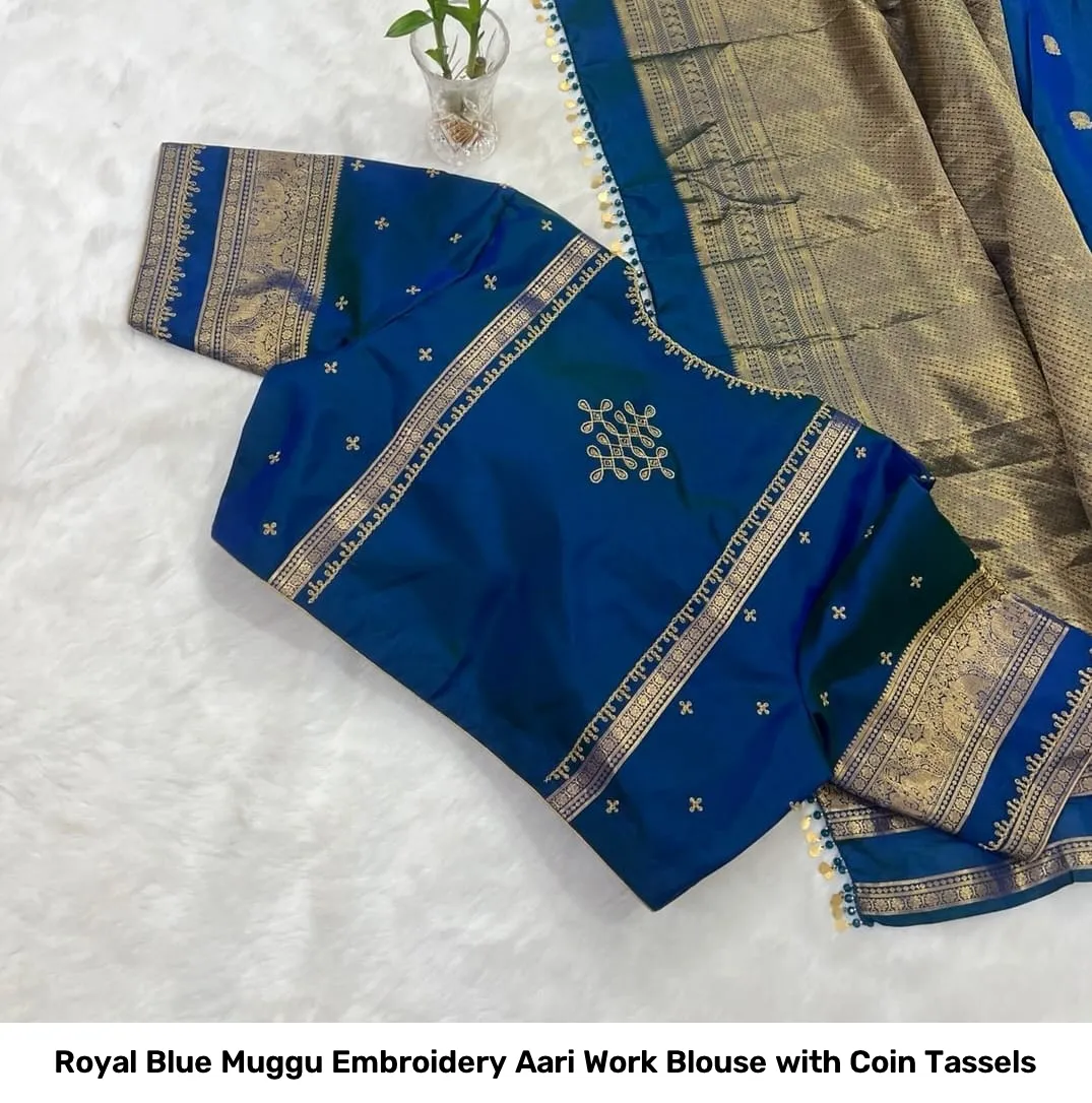 Royal Blue Muggu Embroidery Aari Work Blouse with Coin Tassels 3