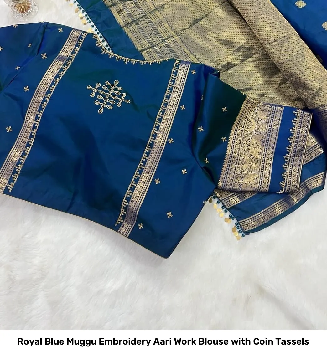 Royal Blue Muggu Embroidery Aari Work Blouse with Coin Tassels 4