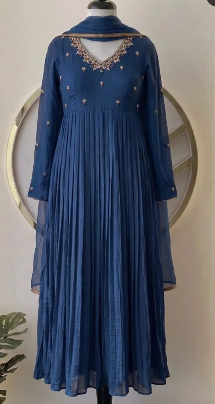 Royal Blue Pleated Anarkali Suit Set with Dupatta | Designer Ethnic Wear 1