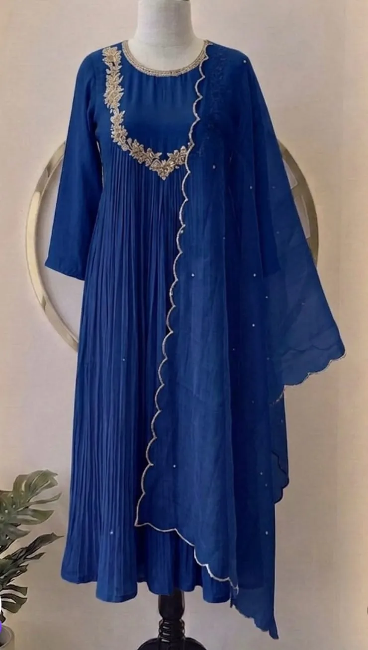 Royal Blue Pleated Georgette Anarkali Suit Set with Asymmetrical Embroidered Neckline & Scalloped Dupatta – Wedding & Festive Wear