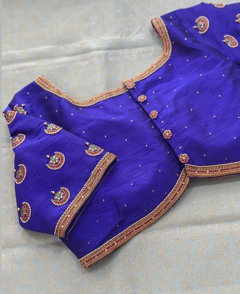 Royal Blue & Rani Pink Raw Silk Blouse | Handcrafted Zardosi Border & Embroidered Potli Buttons Saree Choli