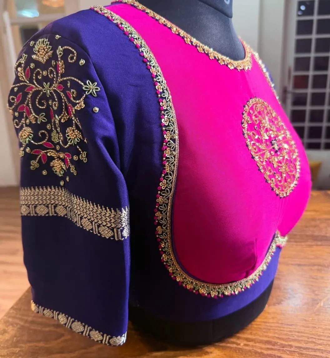 Royal Blue & Rani Pink Silk Saree Blouse | Readymade Hand Embroidered Cut-Out Back Bridal Choli