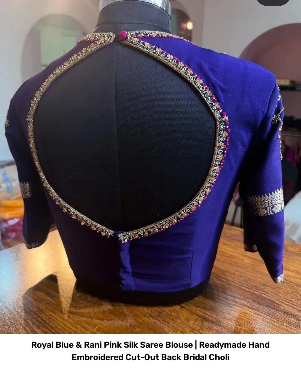 Royal Blue & Rani Pink Silk Saree Blouse | Readymade Hand Embroidered Cut-Out Back Bridal Choli 3