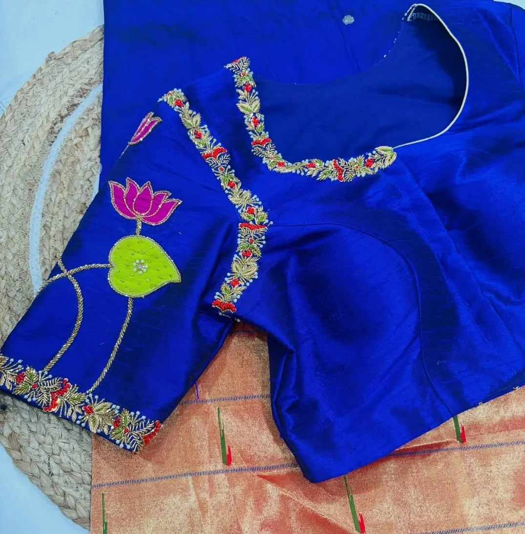 Royal Blue Raw Silk Blouse with Pink Lotus Maggam Work | Hand Embroidered Aari Work Saree Blouse