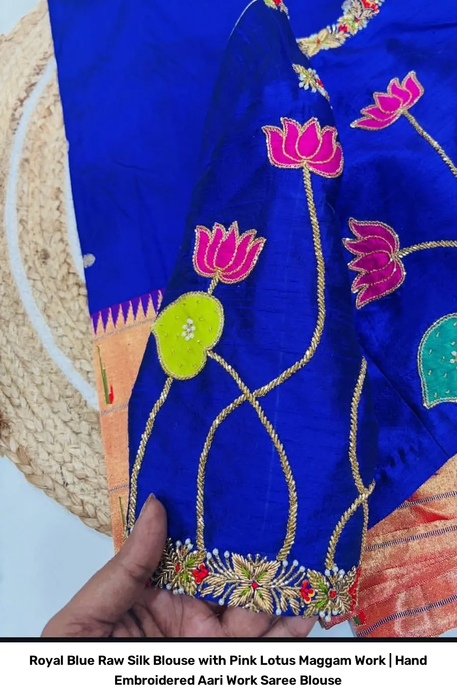 Royal Blue Raw Silk Blouse with Pink Lotus Maggam Work | Hand Embroidered Aari Work Saree Blouse 2