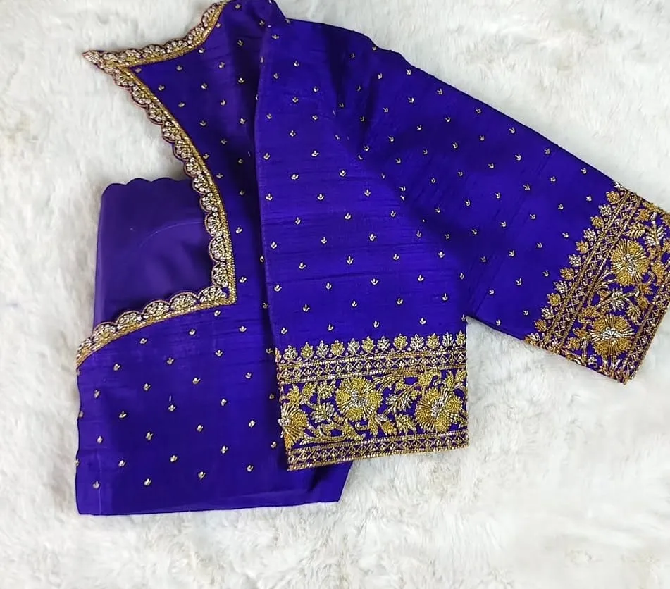 Royal Blue Raw Silk Bridal Saree Blouse | Handcrafted Maggam Work Scallop Neck Blouse