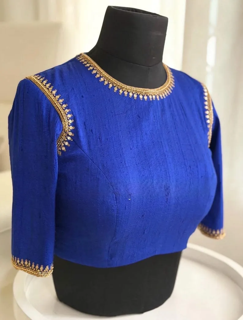 Royal Blue Raw Silk Maggam Work Blouse | Boat Neck Delicate Hand Embroidered Zari Saree Blouse